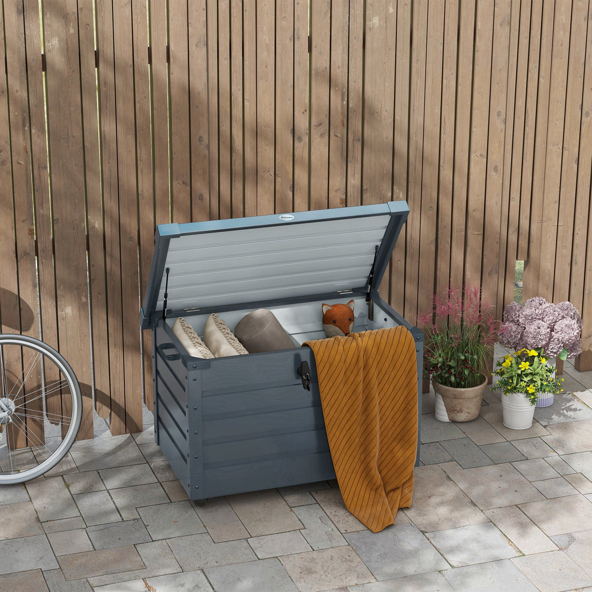 78 Gallon Garden Storage Box, Waterproof Outdoor Storage Container with Wheels and Handles, Dark Grey