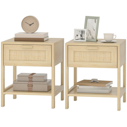 Narrow Nightstand with Rattan Elements, Bedside Table with Drawer and Storage Shelf for Bedroom, Natural
