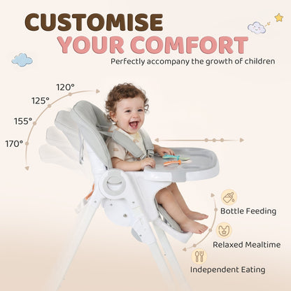 High Chair with Wheels, Double Tray, Foldable Baby Seat with Adjustable Seat Height, Backrest, Footrest and Tray, Grey