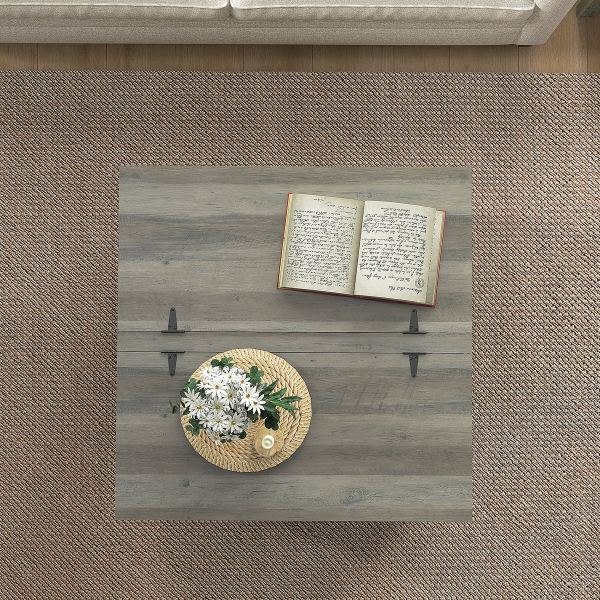 Farmhouse Coffee Table, Square Center Table with Flip-top Lids, Hidden Storage Compartment and Wooden Legs, Oak