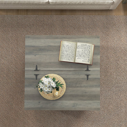 Farmhouse Coffee Table, Square Center Table with Flip-top Lids, Hidden Storage Compartment and Wooden Legs, Oak