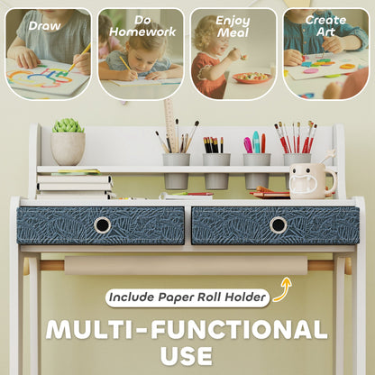 Kids Study Table and Chair Set, Art Desk and Chair Set with Storage Shelf and Drawers for 3-8 Year Old
