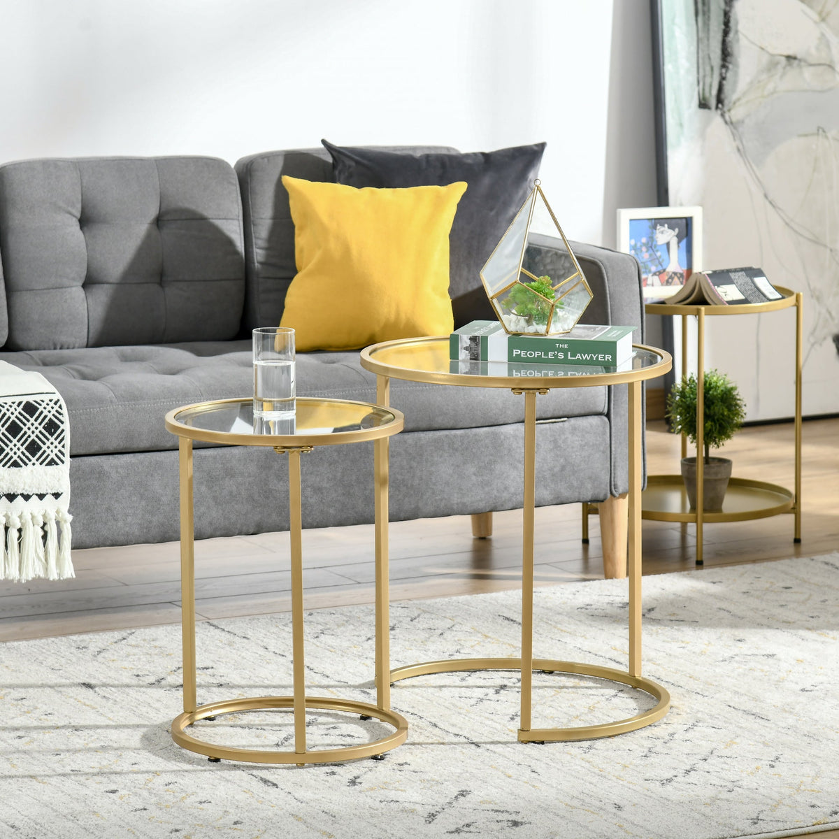 Set of 2 Nesting Coffee Tables with Metal Base, Round Side Table with Tempered Glass Tabletop for Living Room, Bedroom, Black