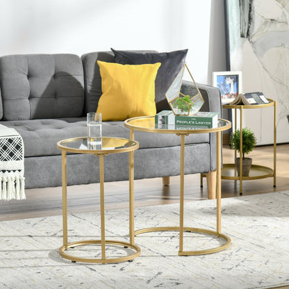 Set of 2 Nesting Coffee Tables with Metal Base, Round Side Table with Tempered Glass Tabletop for Living Room, Bedroom, Black