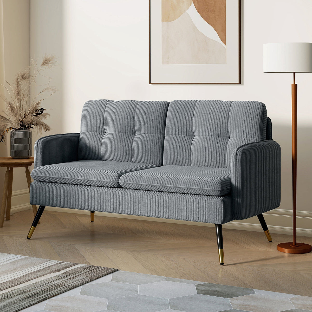 55" Loveseat Sofa, Linen Love Seat w/ S spring, Steel Legs and Button Tufting, Small Couch for Living Room, Dark Grey