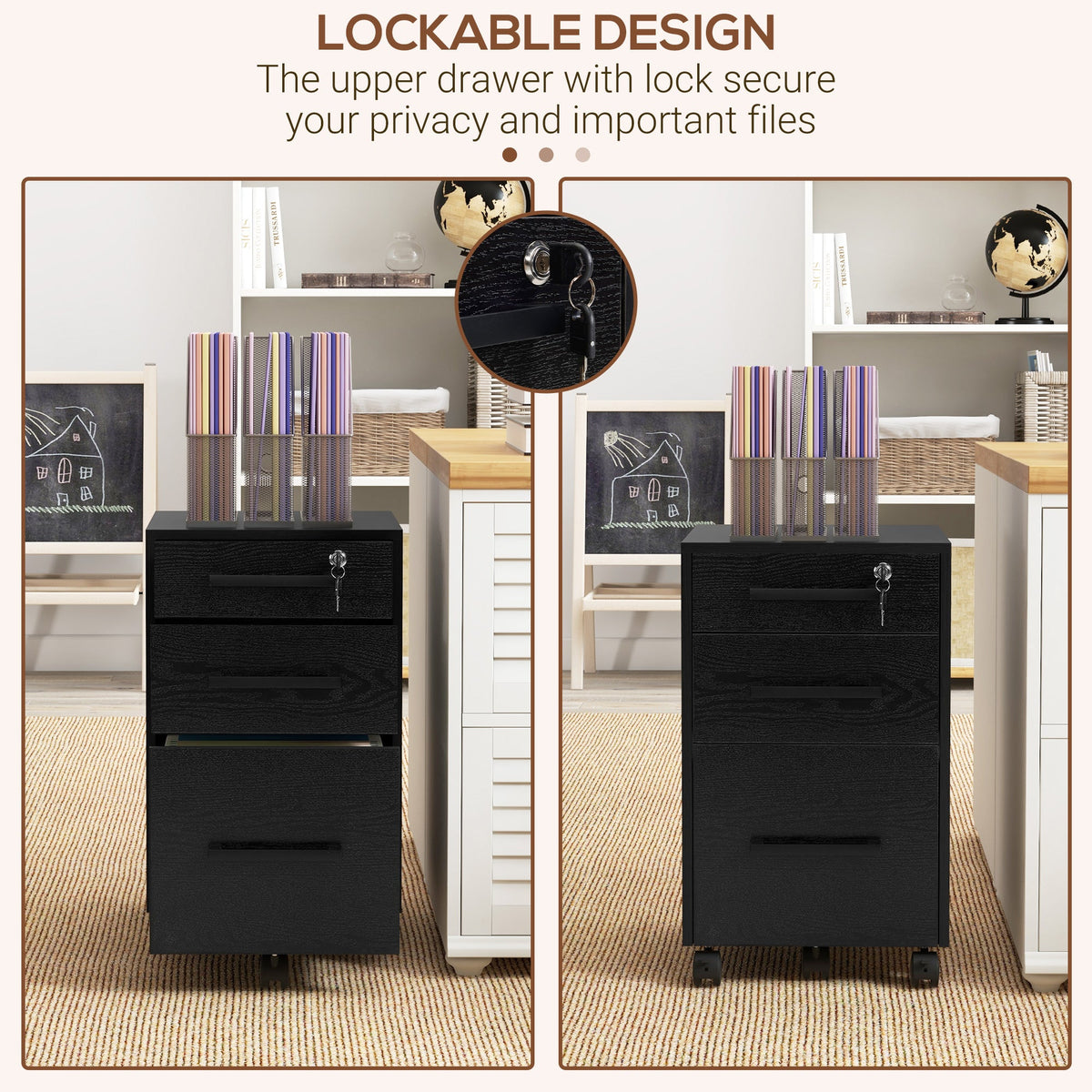 Lockable Vertical File Cabinet with Lock, 3 Drawer Filing Cabinet with Hanging Bars for Letter and A4 Size, Black