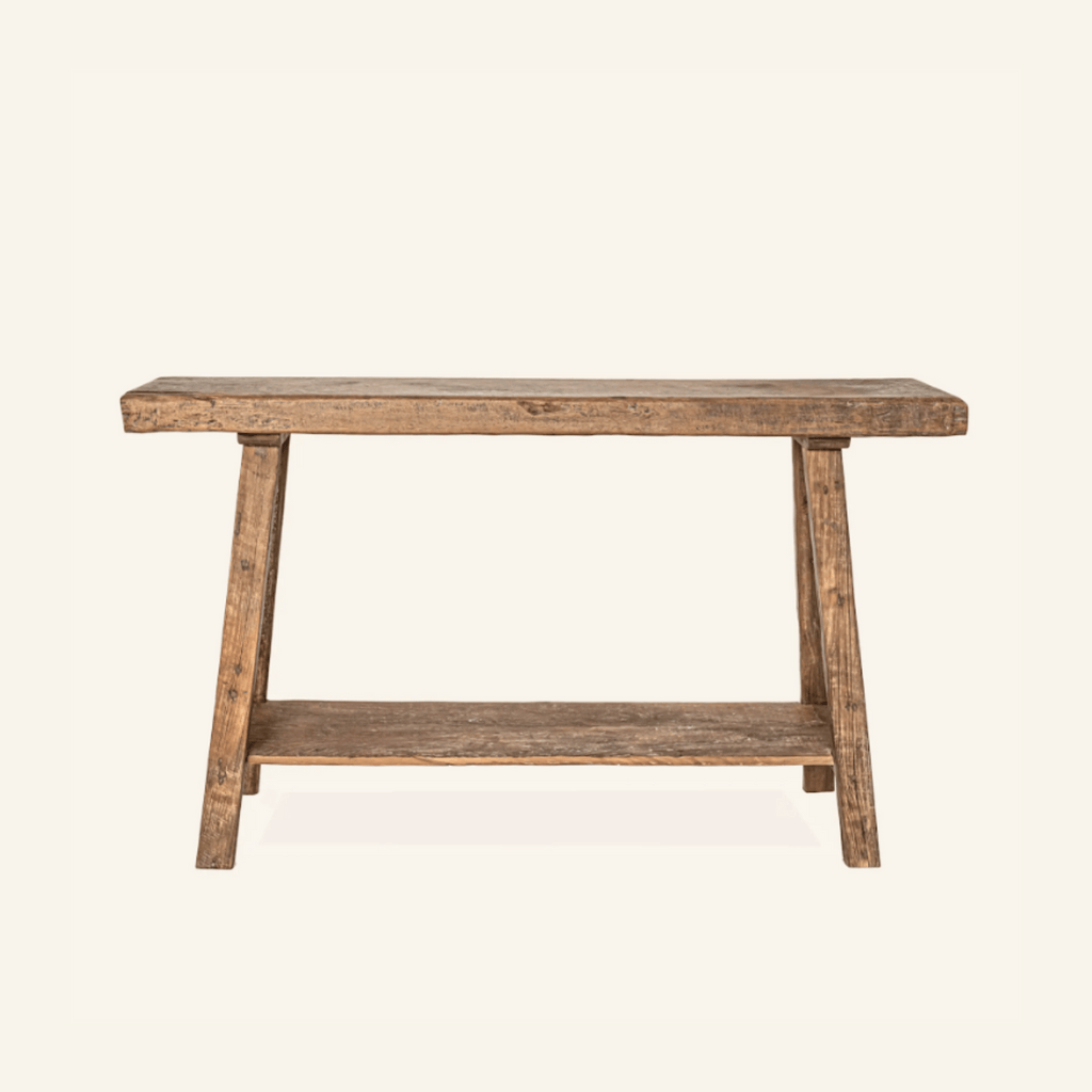 Console artisan en teck recyclé avec tablette