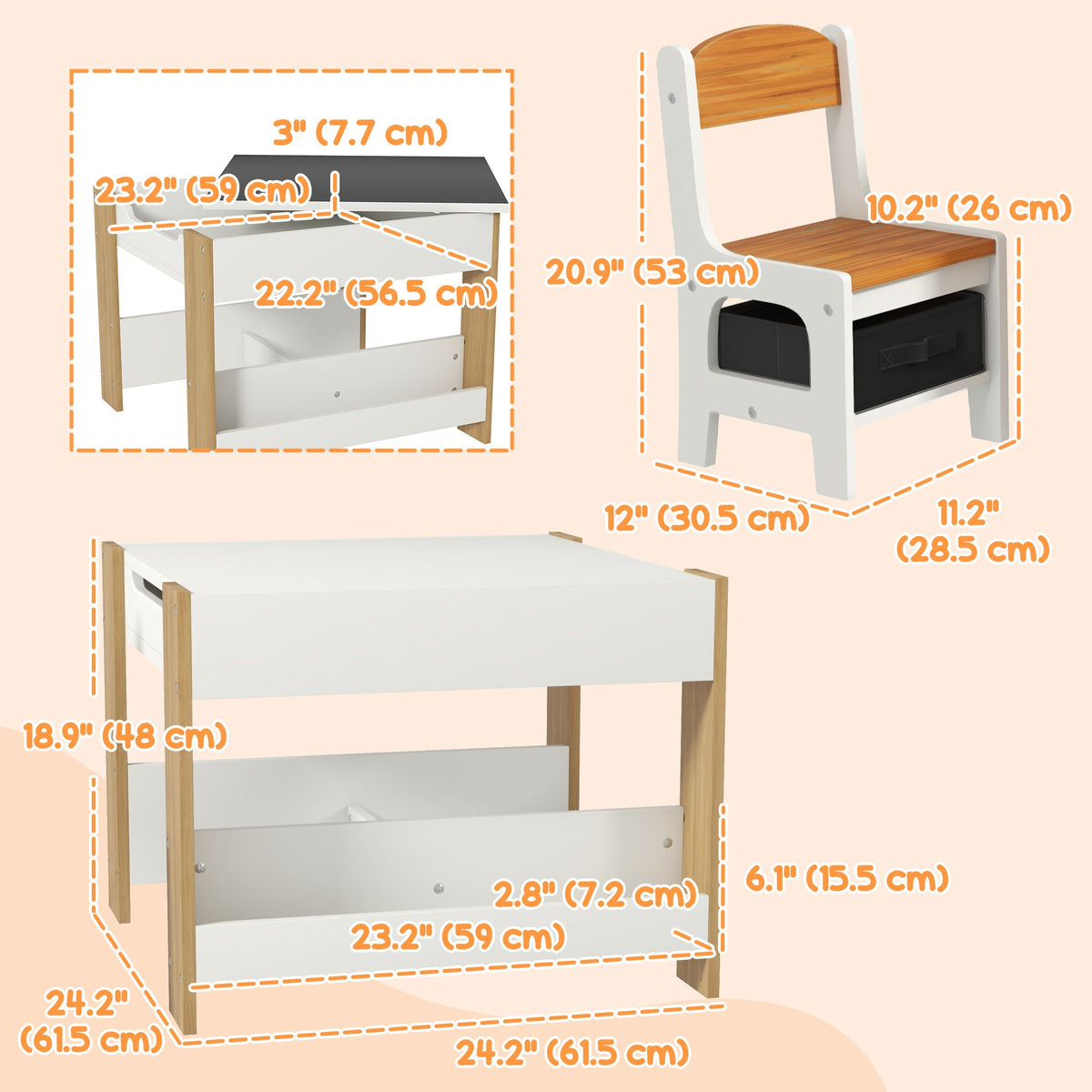 3 Piece Kids Table and Chair Set with Reversible Tabletop, Blackboard, Storage, Bookshelf, for Playroom, Nursery, Grey