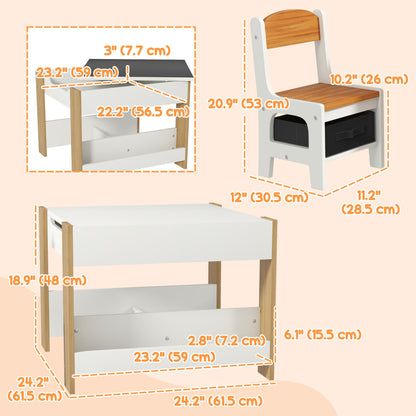 3 Piece Kids Table and Chair Set with Reversible Tabletop, Blackboard, Storage, Bookshelf, for Playroom, Nursery, Grey
