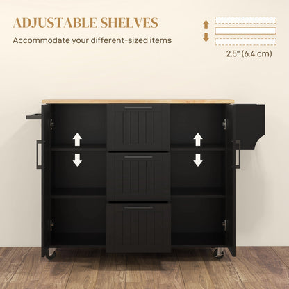 Rolling Kitchen Cart on Wheels with Drop Leaf, Kitchen Island with 3 Drawers, Solid Wood Top and Towel Rack, White