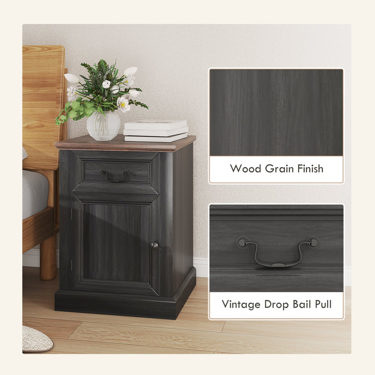 Side Table Set of 2, End Tables with Drawer and Cabinet, Nightstands for Small Spaces, Living Room, Black