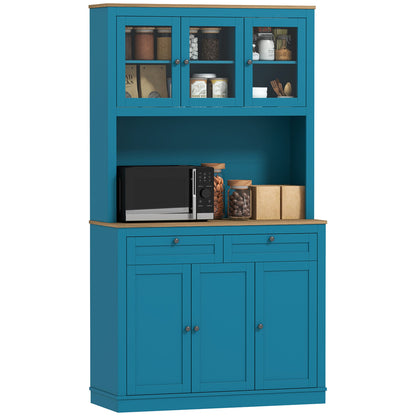 71" Pantry Cabinet with Microwave Space, Buffet with Hutch, 2 Drawers, Adjustable Shelves and Glass Doors, Blue