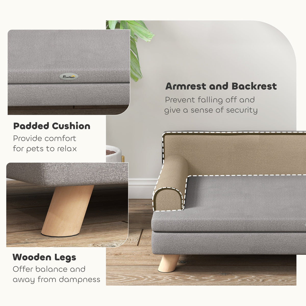 Elevated Dog Sofa Bed, Cat Couch with Cushion, Washable Cover, Wooden Legs, for Medium & Large Dogs, Dark Grey