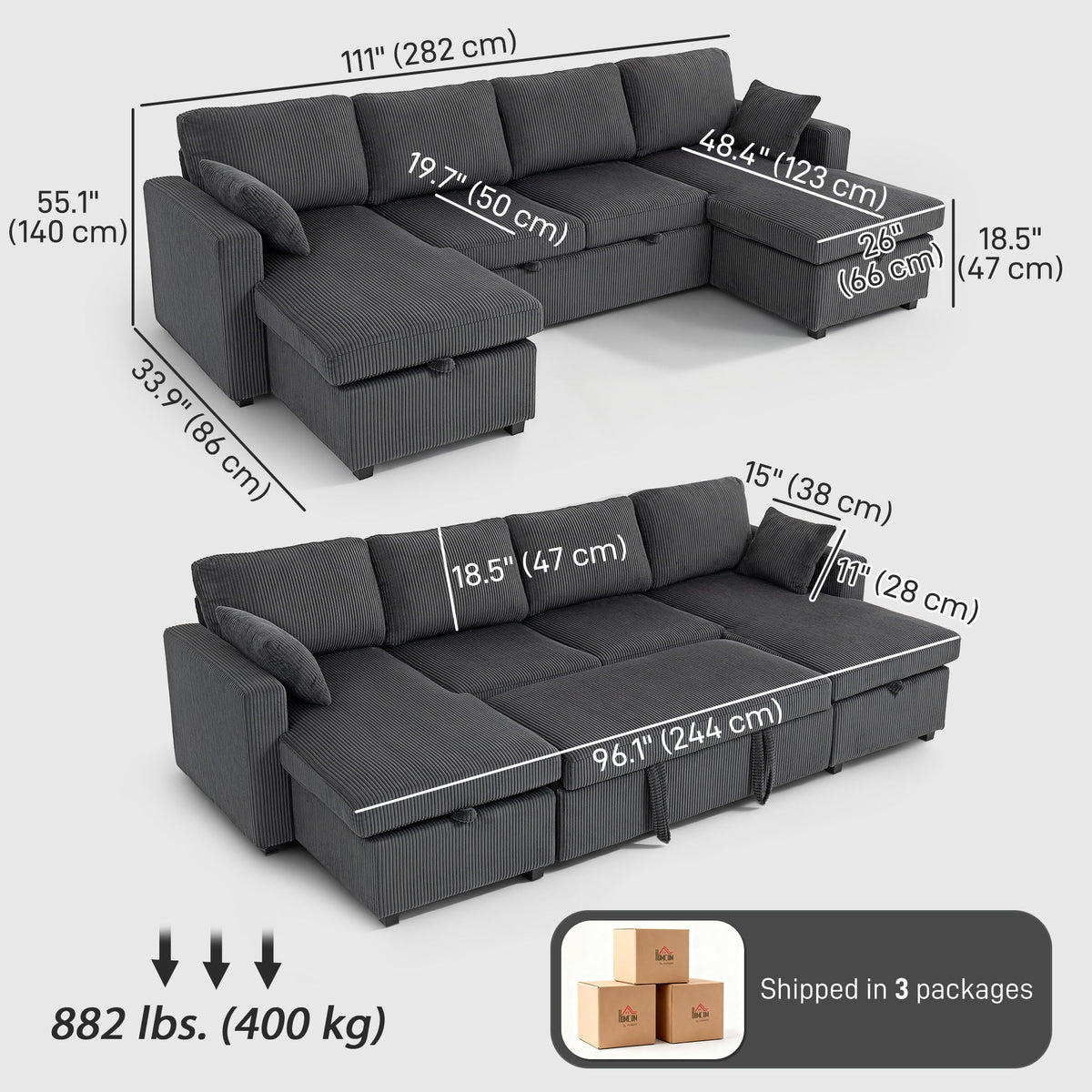 Theo U-Shaped Sleeper Sectional with Storage Chaise-Grey