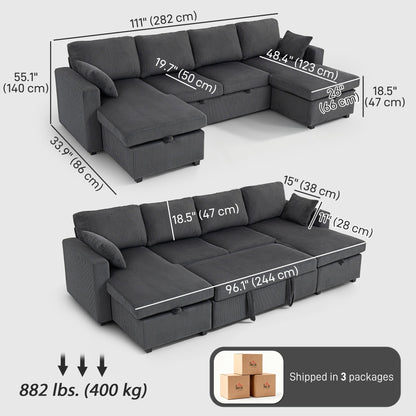Theo U-Shaped Sleeper Sectional with Storage Chaise-Grey