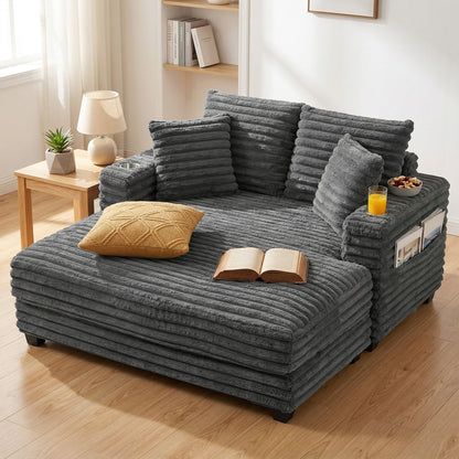 60" Chaise Lounge Chair, Oversized Upholstered Sofa Bed with Cup Holders & Pillows, Sleeper Couch for Living Room, Beige