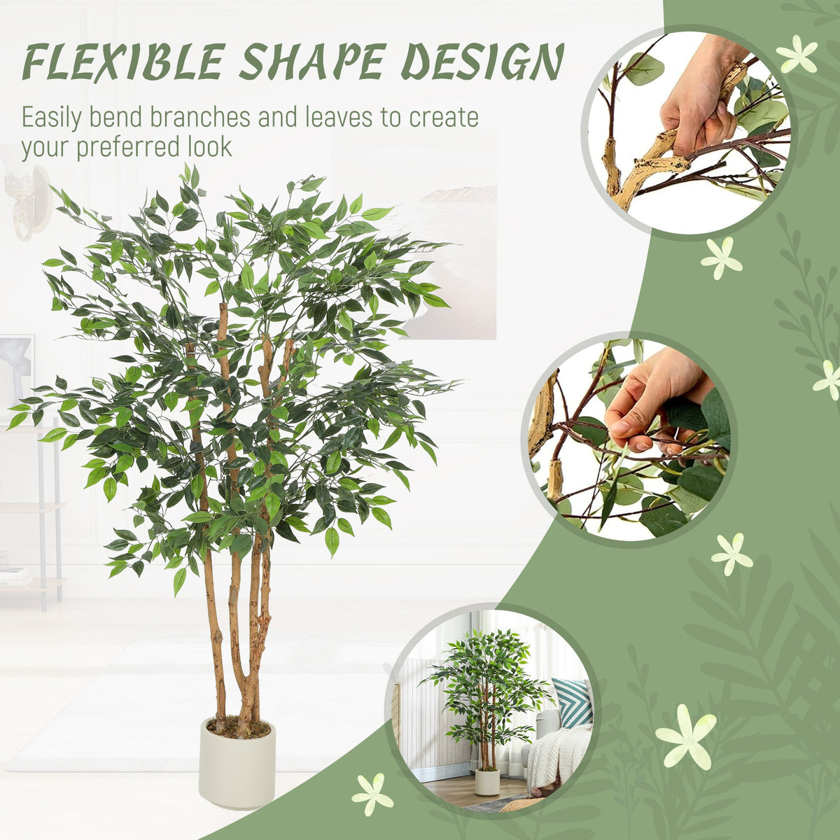 4FT Artificial Banyan Tree Set of 2, Fake Potted Tree with Solid Wood Trunk and Pot for Indoor