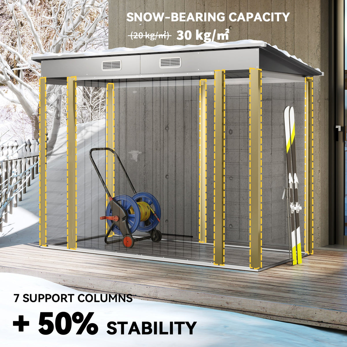 8 x 4FT Galvanized Garden Storage Shed, Metal Outdoor Shed with Double Doors and 2 Vents, Oak