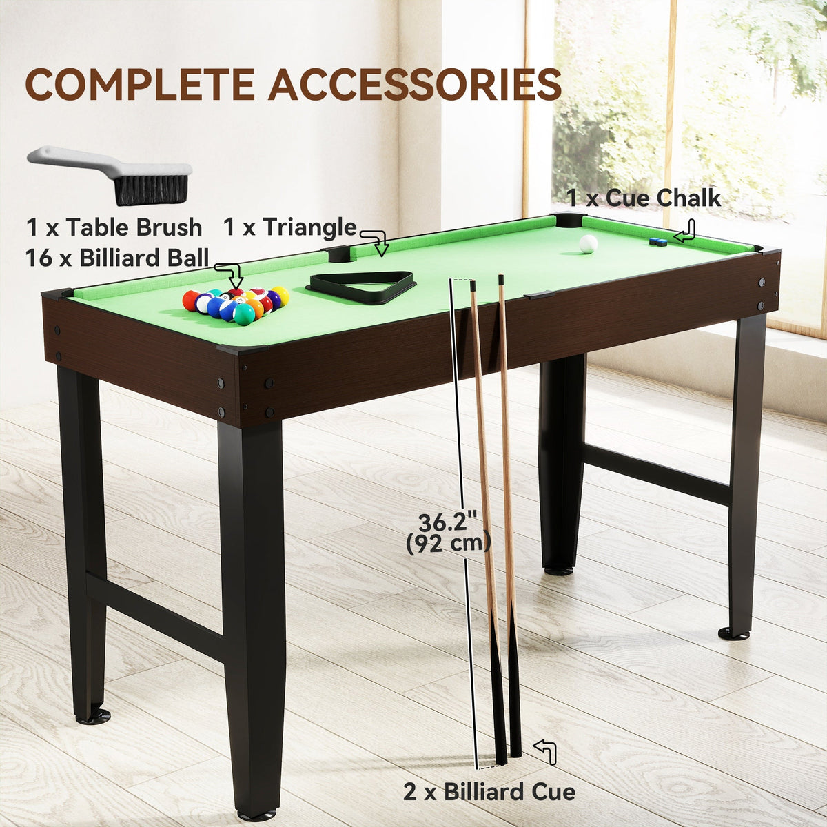 55" Mini Pool Table, Pool Game Billiard Table Set with 2 Cues, 16 Balls, 2 Chalks, Triangle, Brush, Green