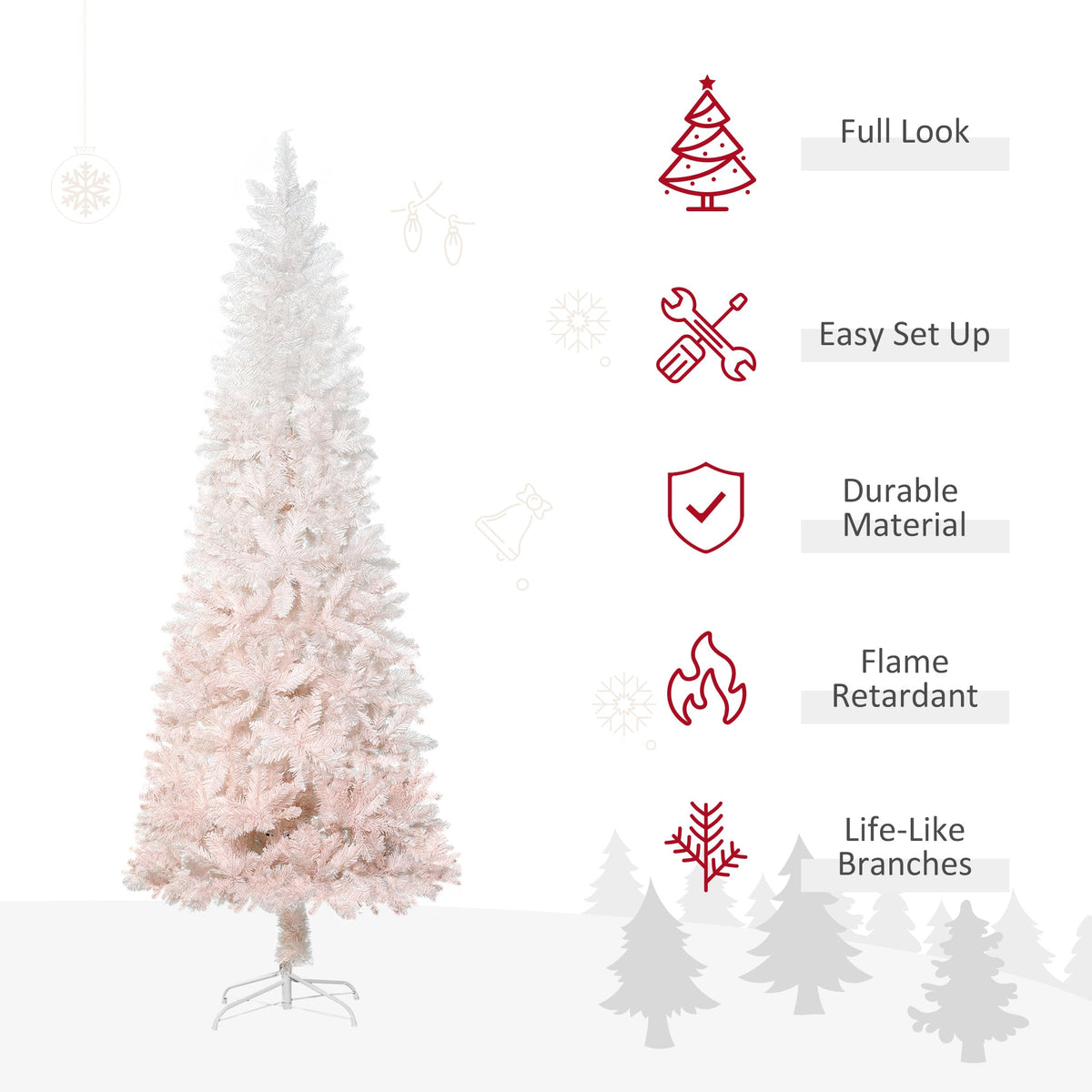 6ft Pencil Artificial Christmas Tree with Pine Realistic Branches, Auto Open, Pink and White