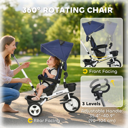 6 in 1 Toddler Tricycle with Parent Push Handle, Canopy, Storage Baskets, Cupholder, Dark Blue