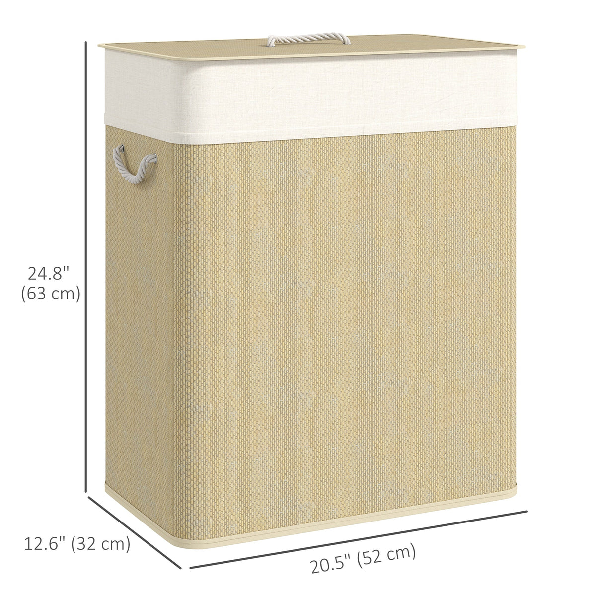 Double Laundry Basket with Lid, 100L Bamboo Laundry Hamper with Rope Handles and Removable Bags, Brown