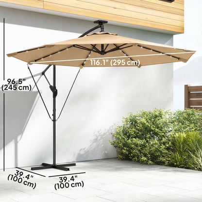 9.7ft Solar LED Cantilever Patio Umbrella with 32 LED Lights, Cross Base, Crank Handle, for Poolside, Deck, Dark Blue