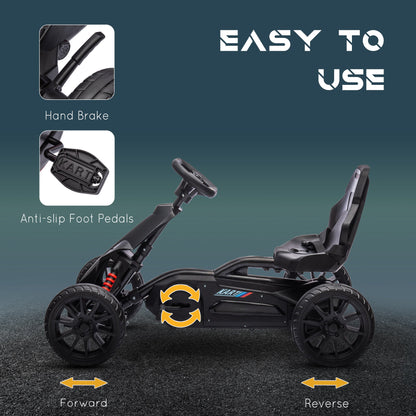Pedal Go Kart with Adjustable Seat, Forward, Backward, Handbrake, Shock Absorption for 3-8 Years, Black