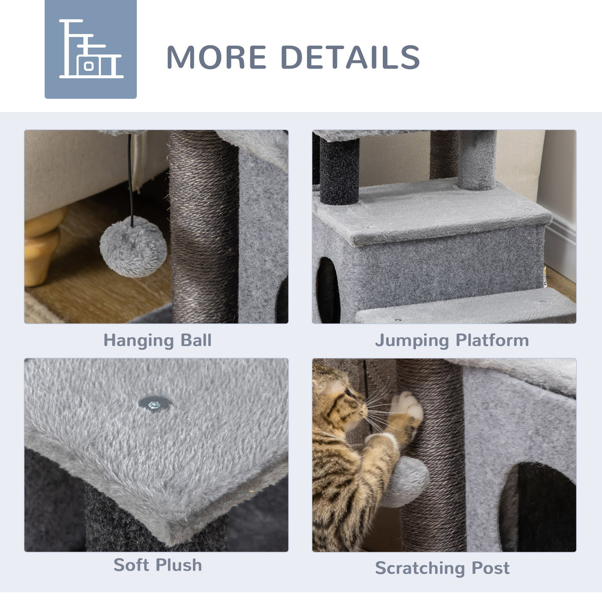 Cat Stairs Pet Steps for Couch Bed with Scratching Posts Condo Ball Toy, 23.6" x 15.7" x 26", Grey