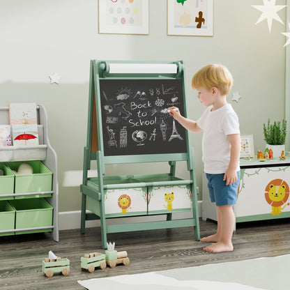 Art Easel for Kids, Double-Sided Whiteboard & Chalkboard with Paper Roll, 2 Storage Boxes, Gift for Boys, Girls, Green