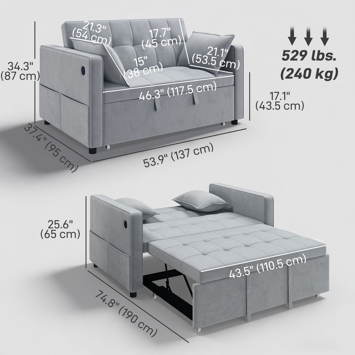 3‑in‑1 Convertible Sofa Bed, Pull Out Sleeper Sofa with USB Charging, Adjustable Backrest, Side Pockets, Beige
