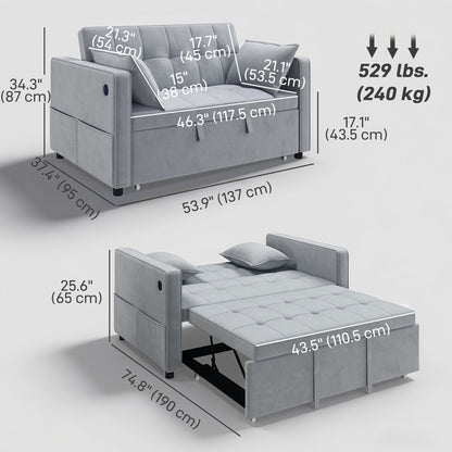 3‑in‑1 Convertible Sofa Bed, Pull Out Sleeper Sofa with USB Charging, Adjustable Backrest, Side Pockets, Beige