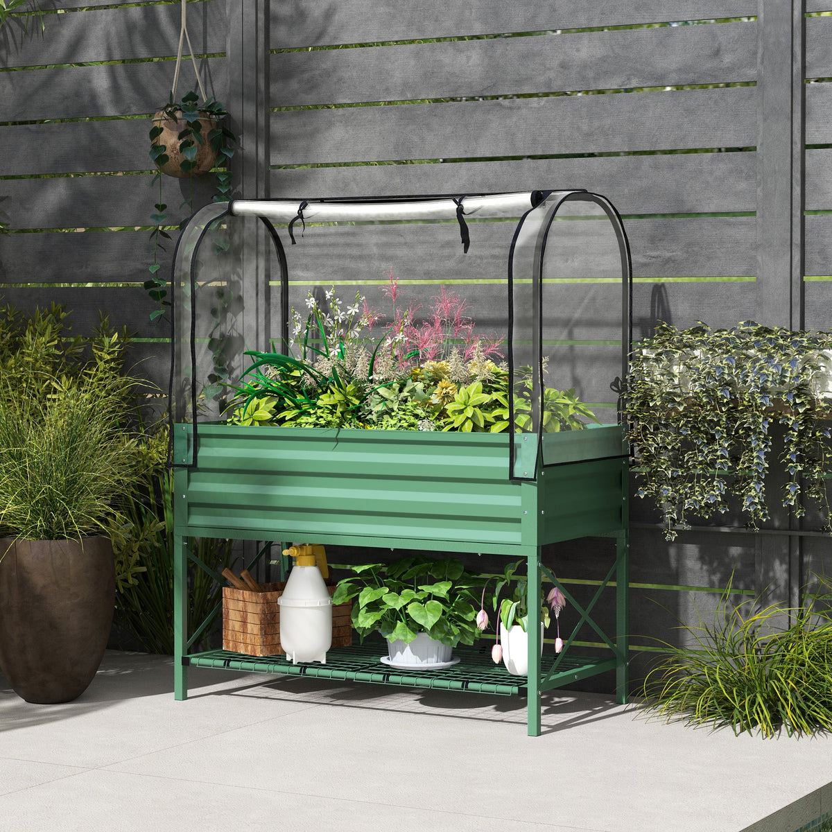 Raised Garden Bed with Cover, Metal Elevated Planter Box with Bottom Shelf and Liner, Black