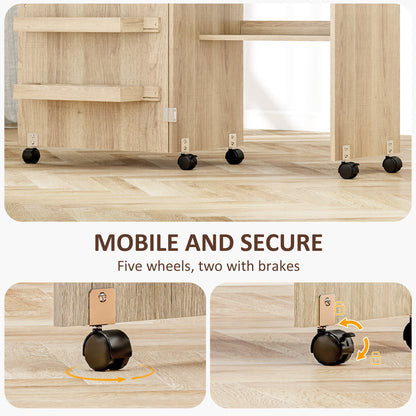 Sewing Machine Cabinet, Folding Sewing Table with Storage Shelf, Bins and Lockable Wheels for Small Space, Brown
