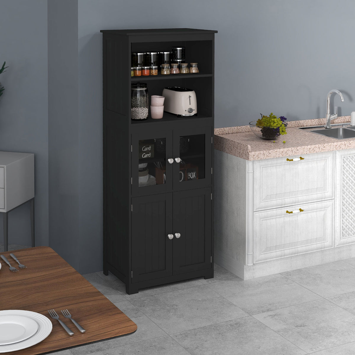 63" Small Buffet with Hutch, 4-Door Kitchen Pantry, Freestanding Storage Cabinet with Adjustable Shelf for Dining Room, Living Room, White