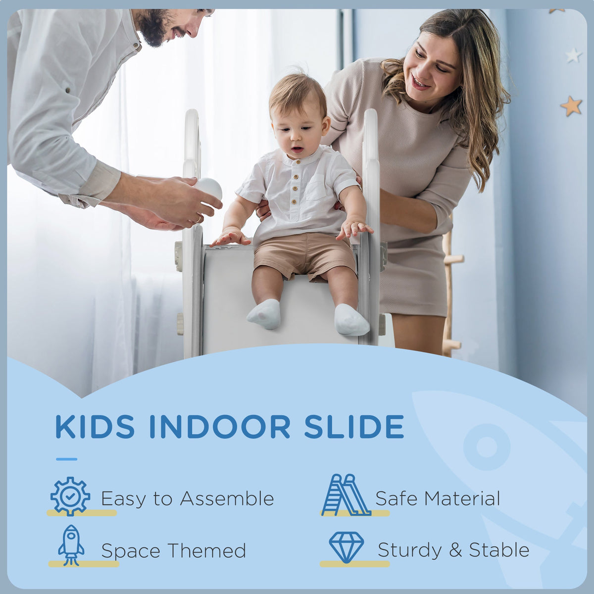 Toddler Slide Indoor for Kids 1.5-3 Years Old, Space Theme Climber Slide Playset, Blue