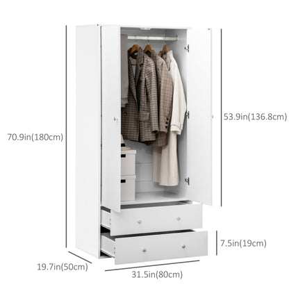 Briar Modern Wardrobe Closet with 2 Drawers and Hanging Rod-White