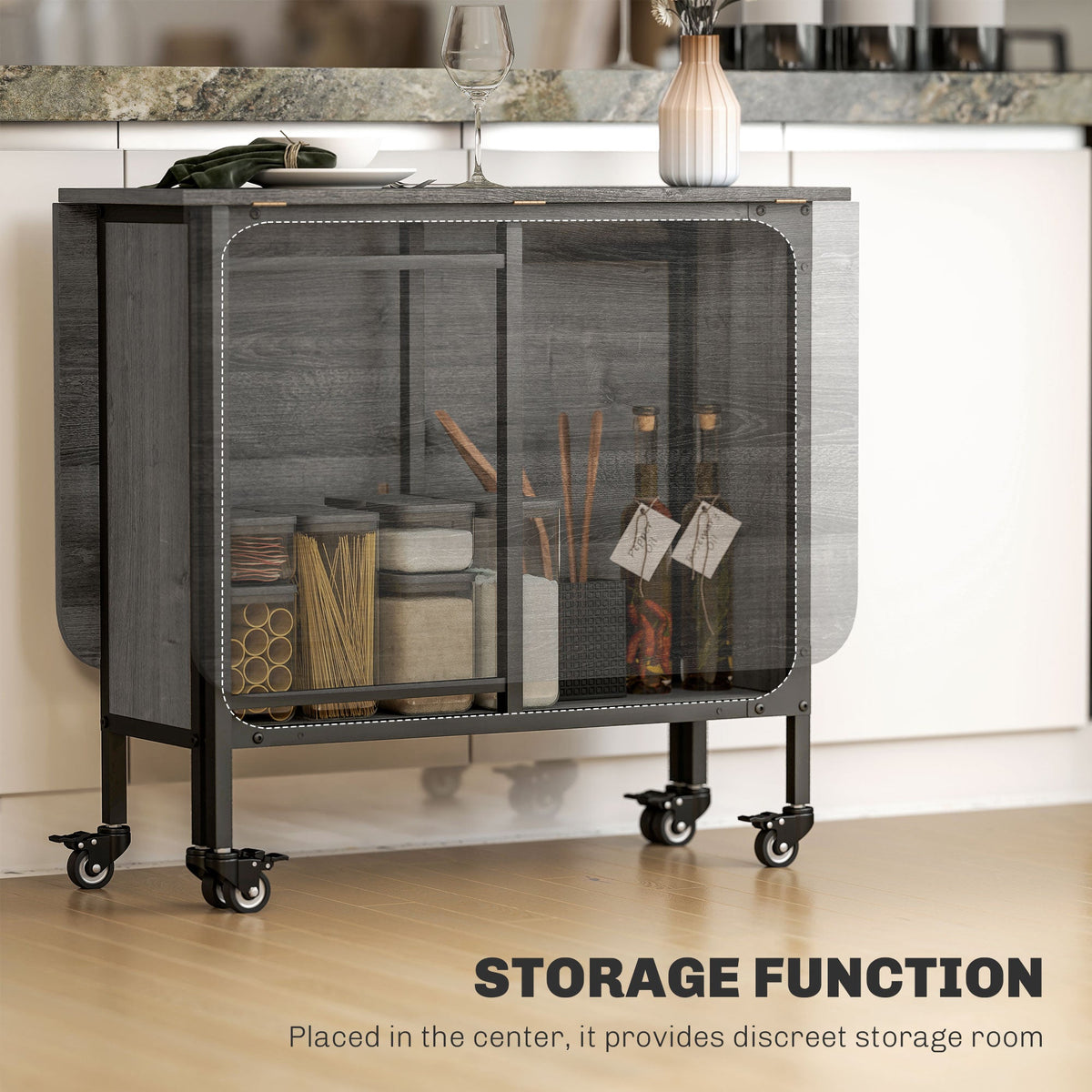 Folding Dining Table, Extendable Kitchen Table for Small Spaces with Storage Shelf and 6 Wheels, Distressed Grey