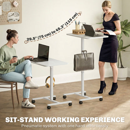 Height Adjustable Standing Desk, Pneumatic Sit Stand Desk with Wheels and Headphone Hook, Grey Wood Grain