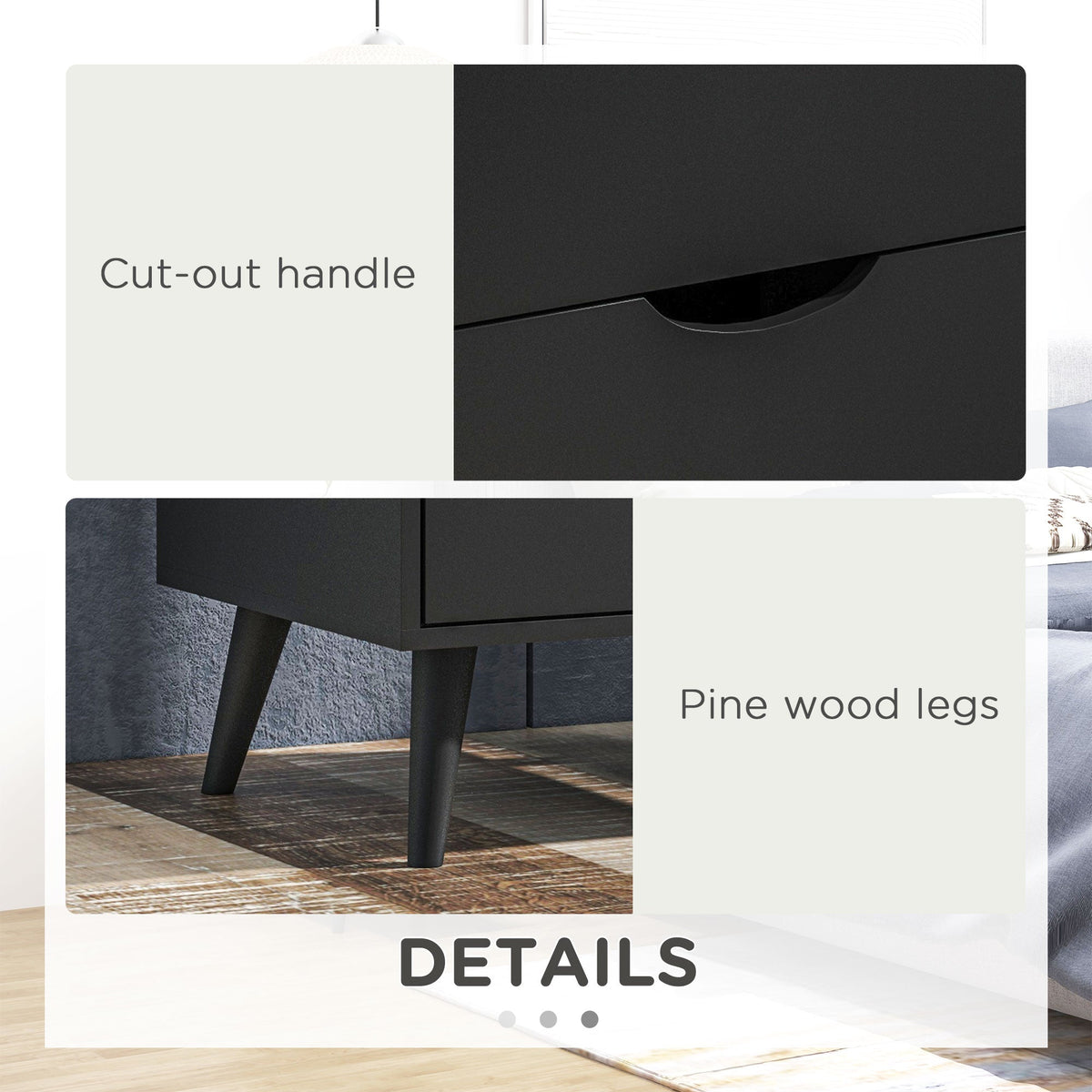 Jesse Nightstand with 2 Drawers and Pine Wood Legs-Black