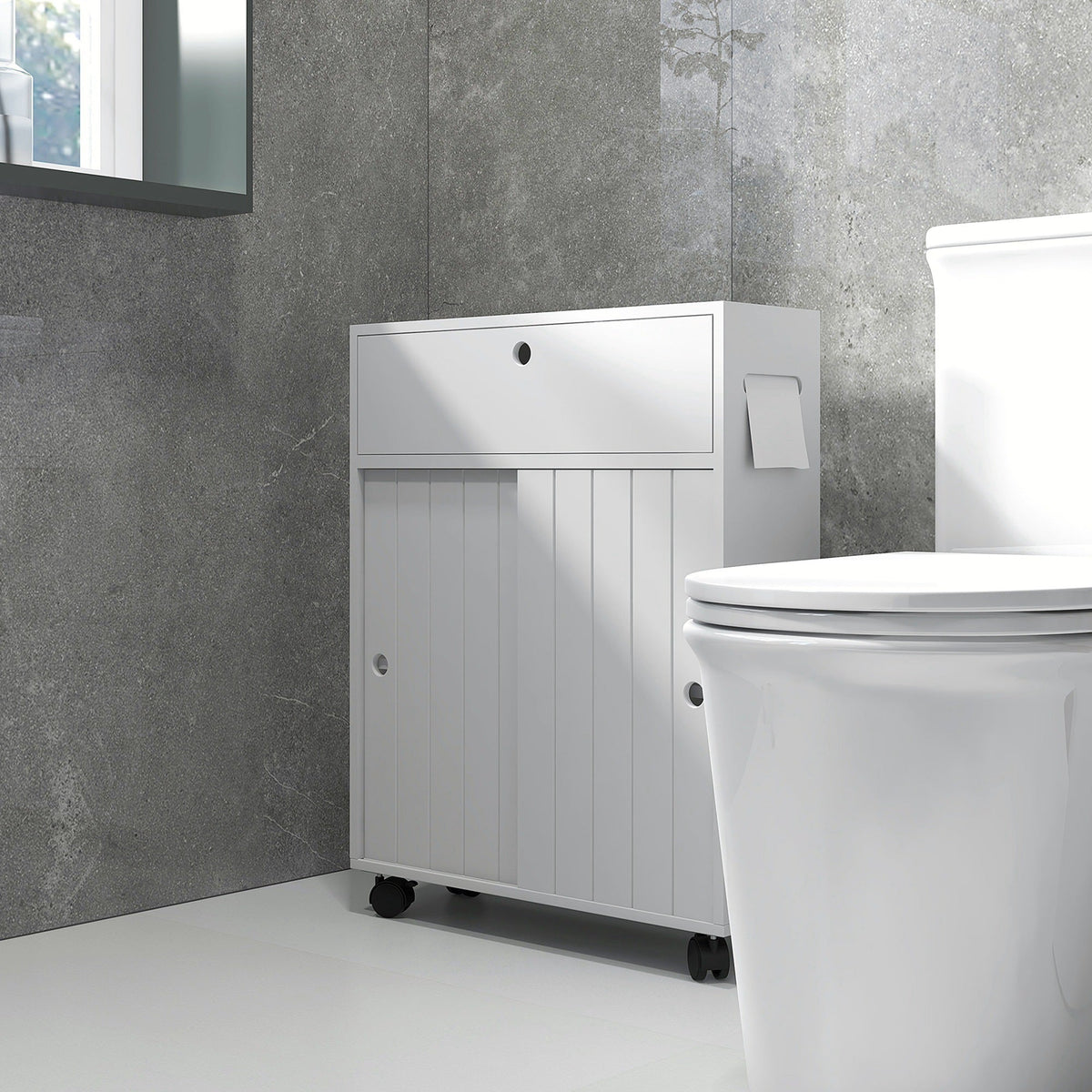Bathroom Storage Cabinet, Bathroom Cabinet with 4 Rolling Wheels and Paper Holes, 20.5" x 6.75" x 26.5", White