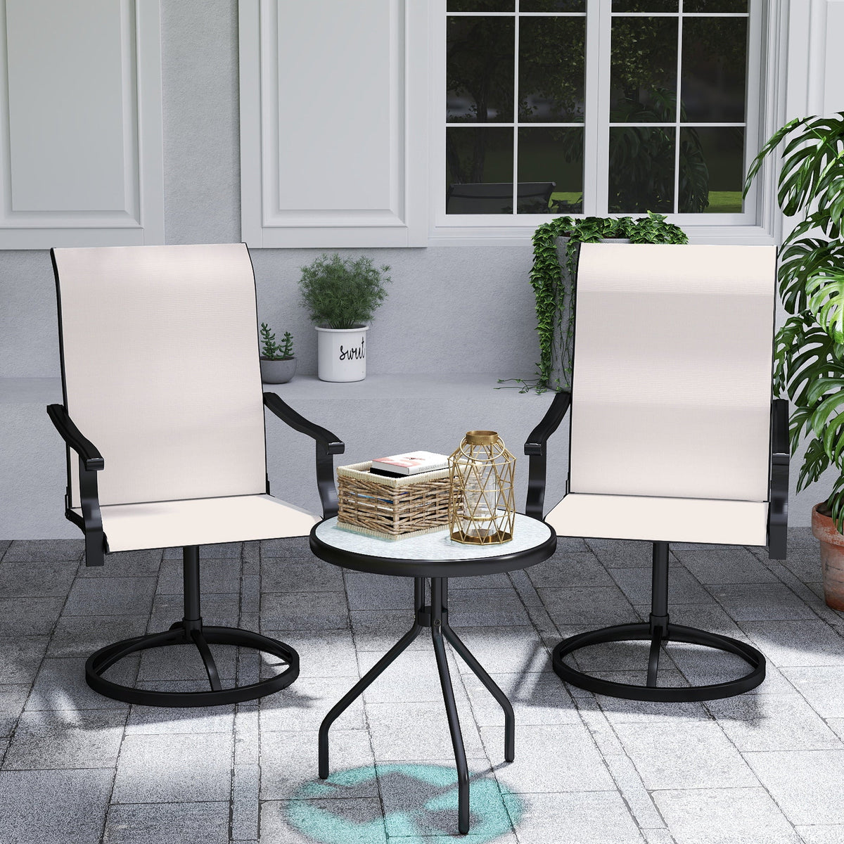 Outdoor Swivel Dining Chairs Set of 2, High Back Swivel Chairs with All Weather Mesh for Deck, Backyard, Poolside, White