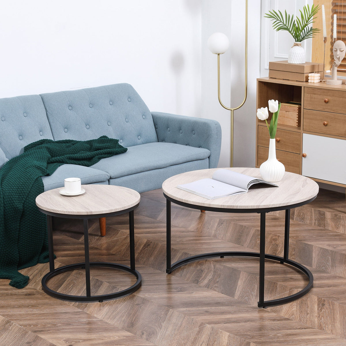 Nesting Tables, 29" Round Coffee Table Set of 2, Modern Side Tables for Living Room with Metal Base, Rustic Brown