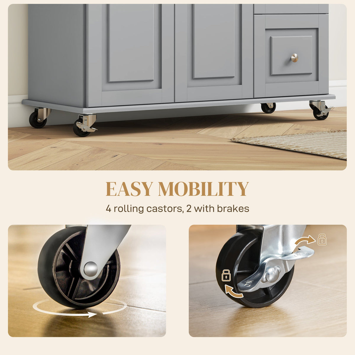 Kitchen Island on Wheels, Kitchen Cart with Drop Leaf, Drawers, Grey