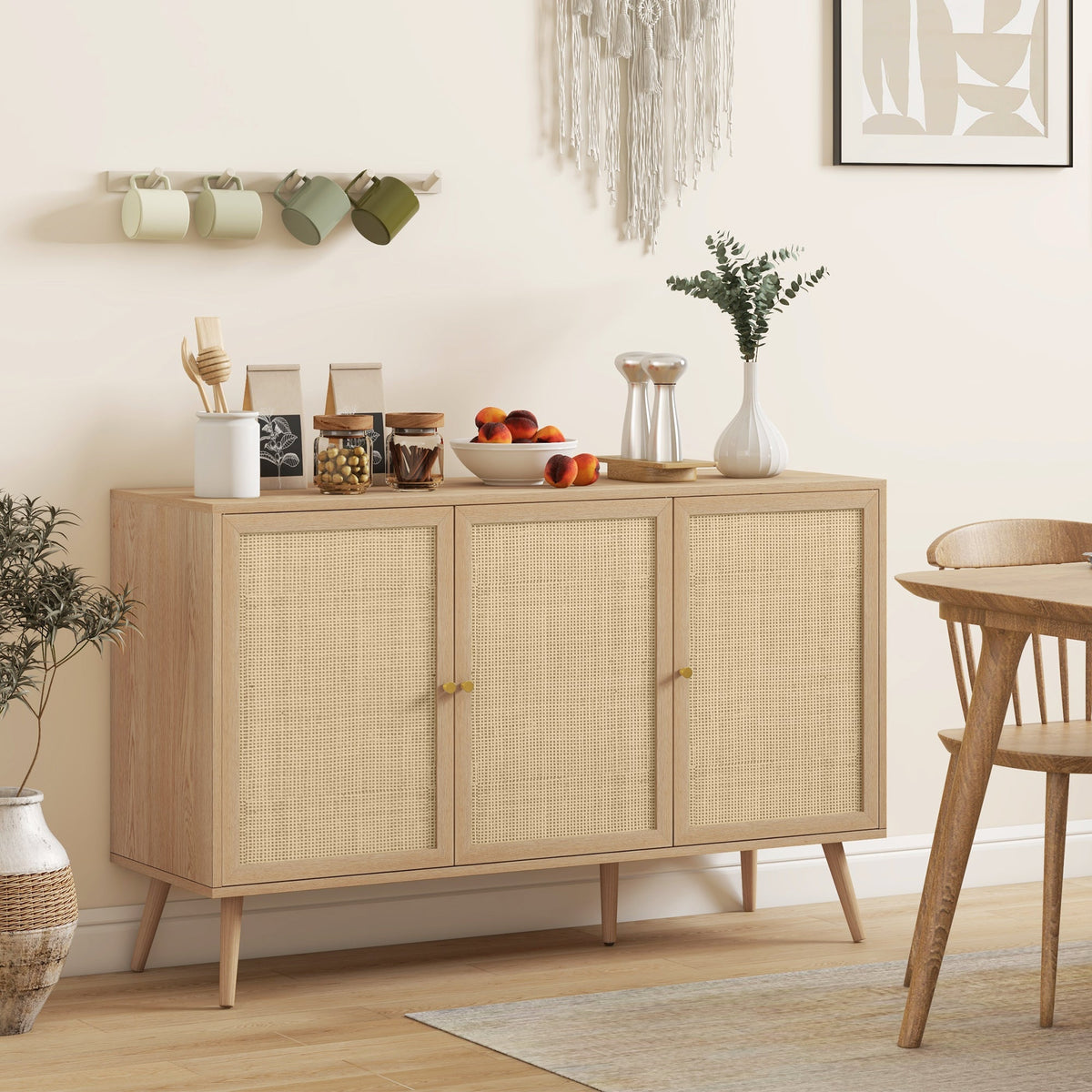 Kitchen Sideboard Cabinet, Boho Storage Cabinet with Shelves, Wood Legs, Decorative Rattan Doors, Black
