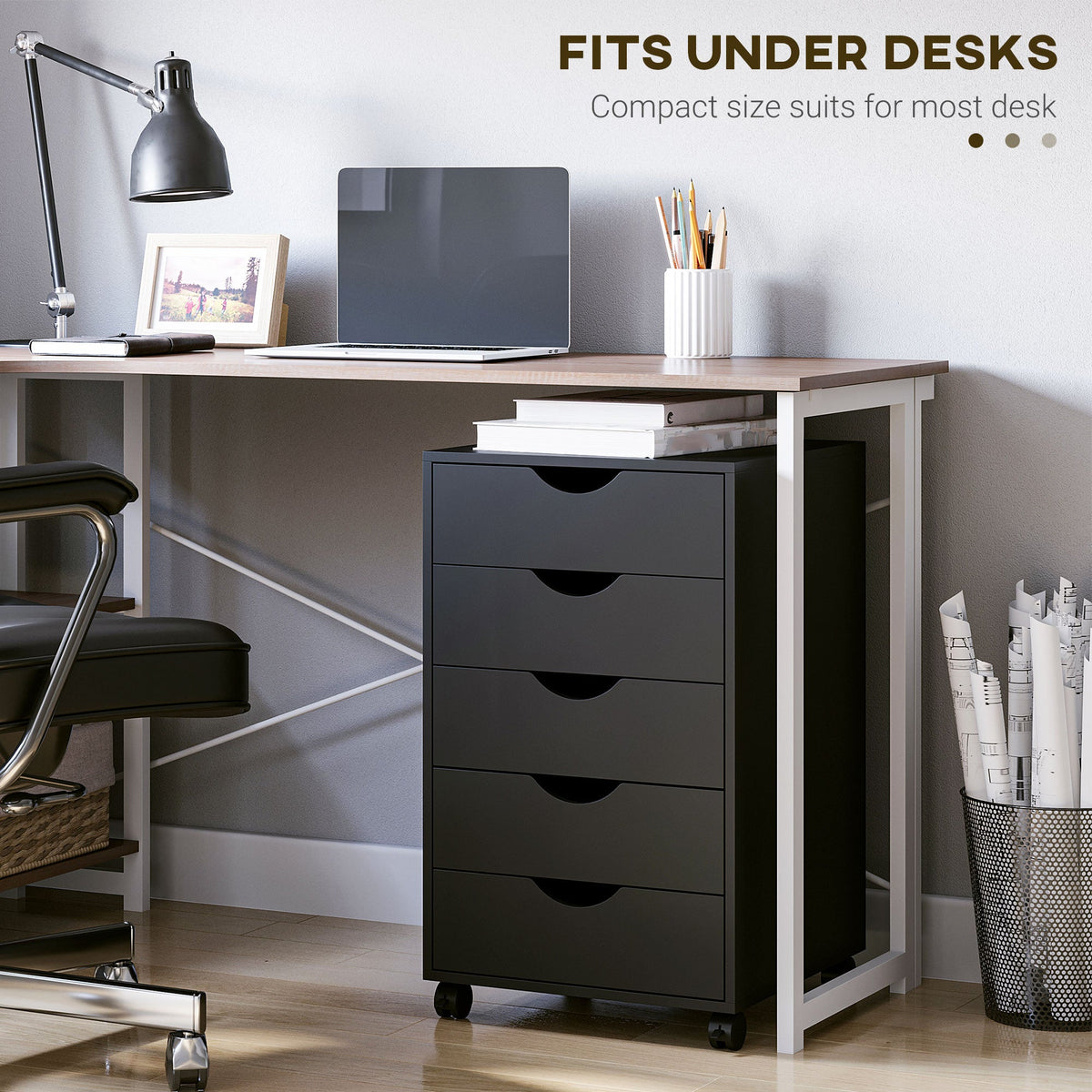 File Cabinet with 5 Drawer Wheels, 15.7" x 15.7" x 26.4", Black