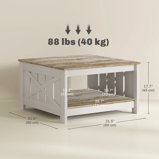 31.5" Square Coffee Table, Farmhouse 2-Tier Center Table for Living Room, Distressed Oak and Brown