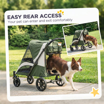 Foldable Pet Stroller for Medium Dogs with Four Big Wheels, Shock-Absorbing Frame, Safety Leashes, Brakes, Black