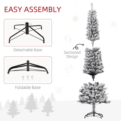 6ft Flocked Christmas Tree, Pencil Christmas Tree with Realistic Branch Tips, Folding Metal Stand, Green