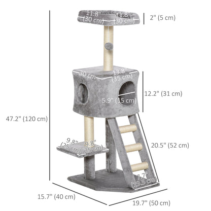 47" Tall Cat Tree Tower with Condo, Ladder, Scratching Posts and Hanging Ball, Light Grey